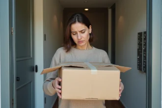 Femme tenant un colis endommagé devant la porte de son appartement à Lyon 8