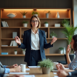 Femme confiante en costume navy lors d'une réunion d'équipe