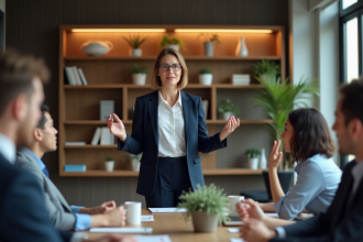 Femme confiante en costume navy lors d'une réunion d'équipe