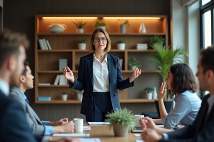 Femme confiante en costume navy lors d'une réunion d'équipe