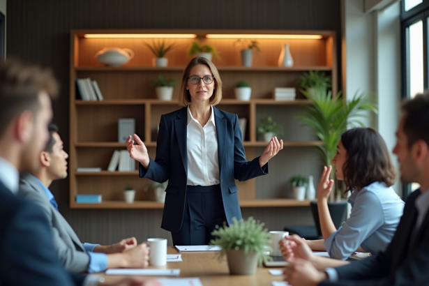 Femme confiante en costume navy lors d'une réunion d'équipe