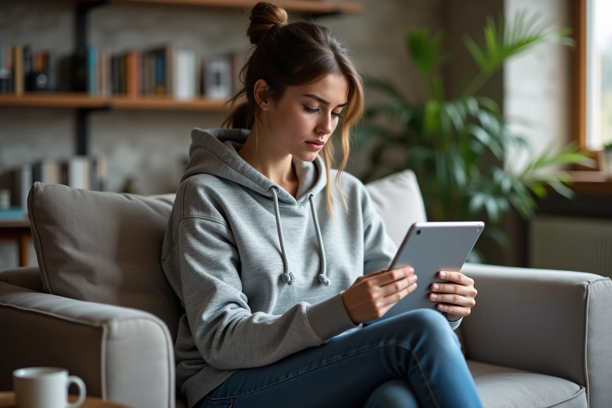 Jeune femme consultant des informations Stellantis sur une tablette avec une expression dubitative