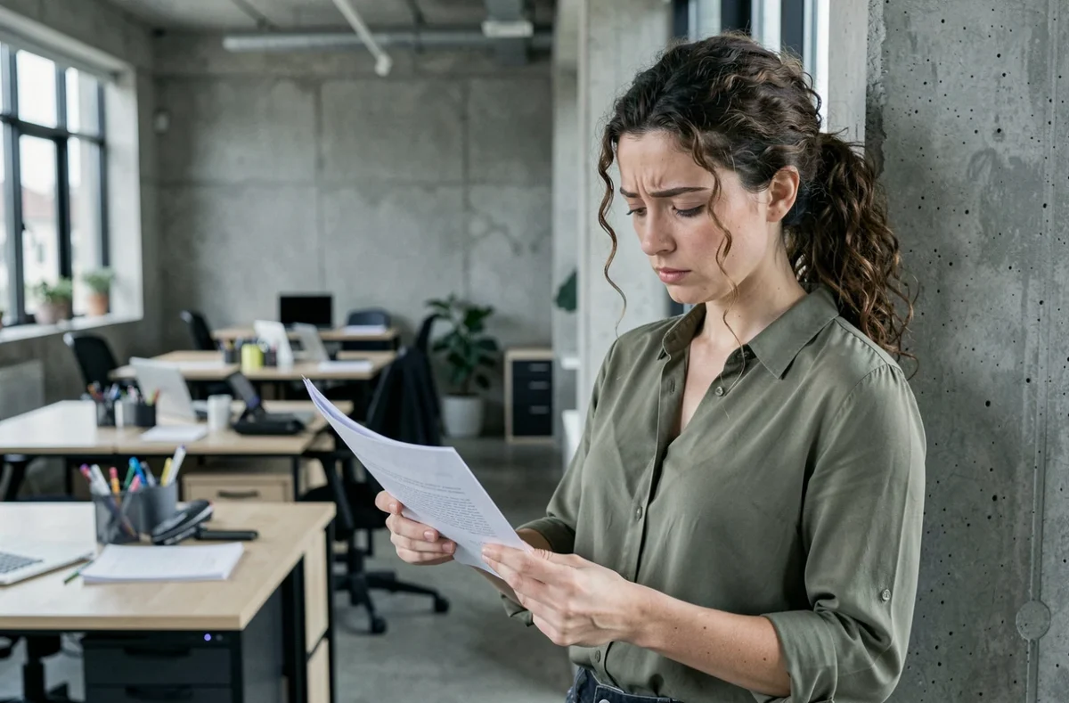 Femme consultant des documents dans un espace de coworking, illustrant la gestion d'une absence ou d'un justificatif en contexte de télétravail