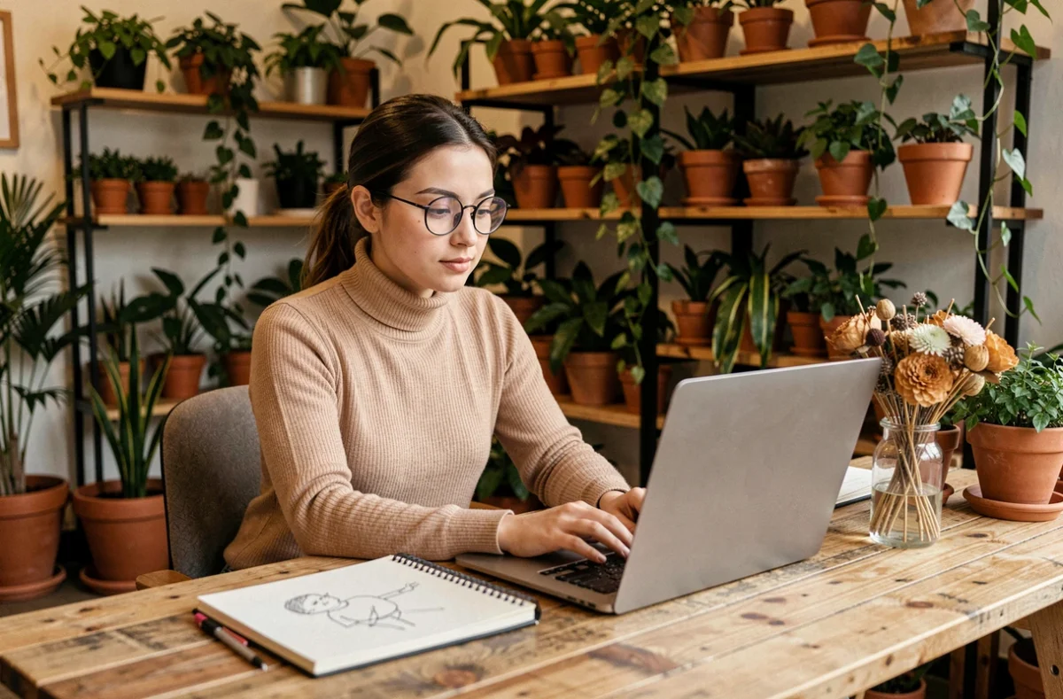 Femme travaillant dans un espace de coworking végétal et chaleureux avec décoration botanique