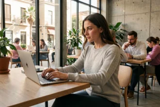 Femme réservant un poste de travail dans un espace de coworking à La Garde, assise devant son ordinateur portable