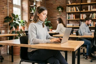 Femme travaillant dans un espace coworking moderne à Nancy avec des murs en briques apparentes et des plantes vertes