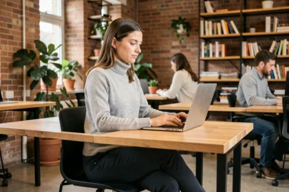 Femme travaillant dans un espace coworking moderne à Nancy avec des murs en briques apparentes et des plantes vertes