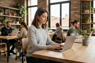 Femme travaillant dans un espace de coworking moderne à Toulouse avec des murs en briques apparentes et de grandes fenêtres