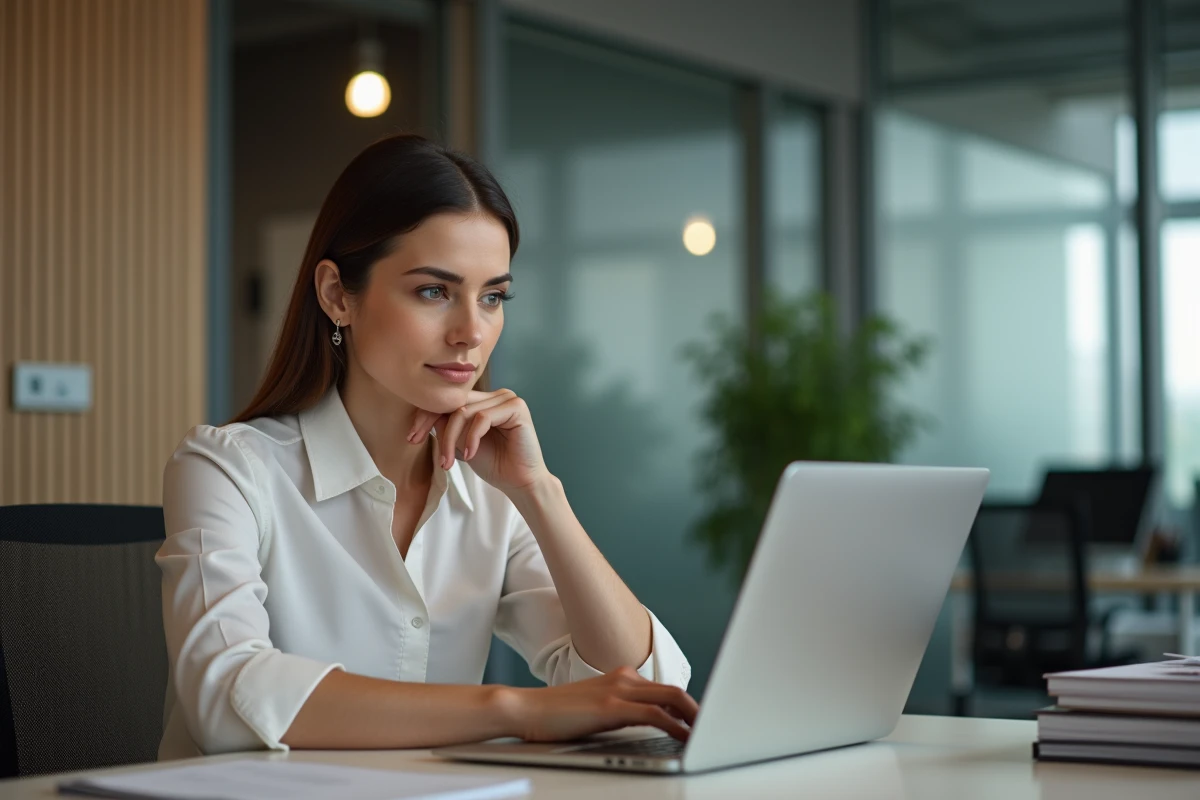Femme en blouse et pantalon tailleur rédigeant une lettre de démission