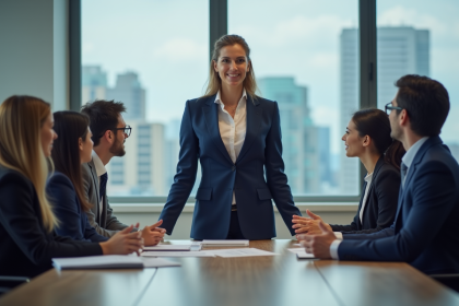 Femme confiante en costume navy dirigeant une réunion professionnelle
