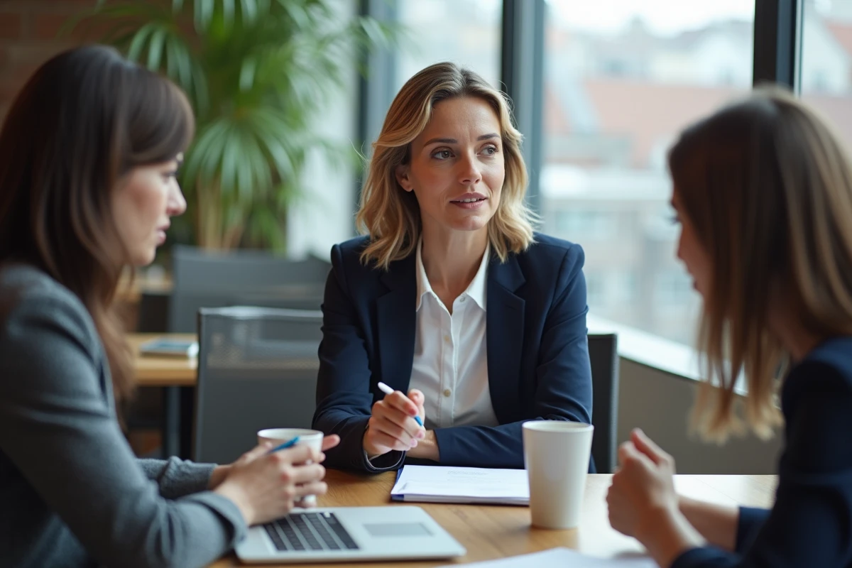 Femme en discussion avec collègues dans un espace coworking