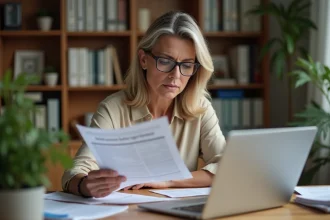 Femme consultant des documents administratifs liés au répertoire Sirene pour des démarches CAF à son bureau à domicile