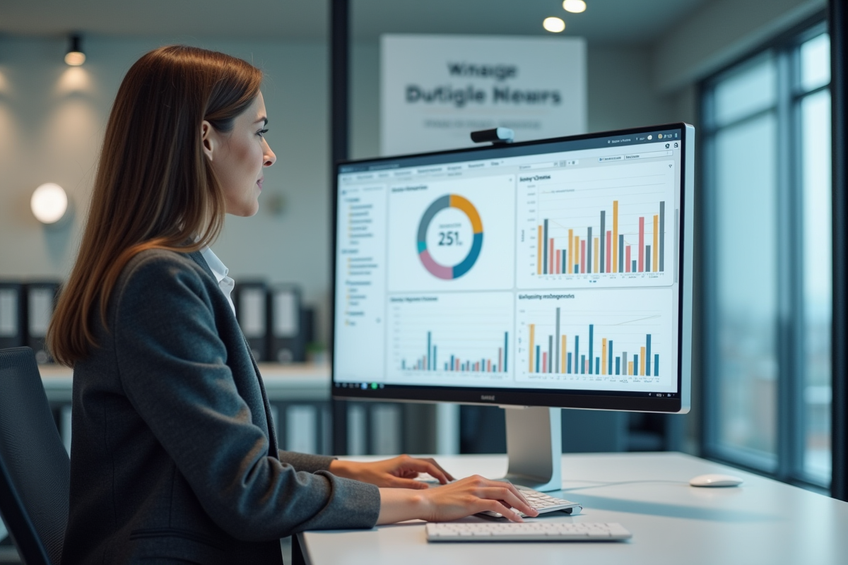 Femme d affaires utilisant un tableau de bord sur un ordinateur au bureau