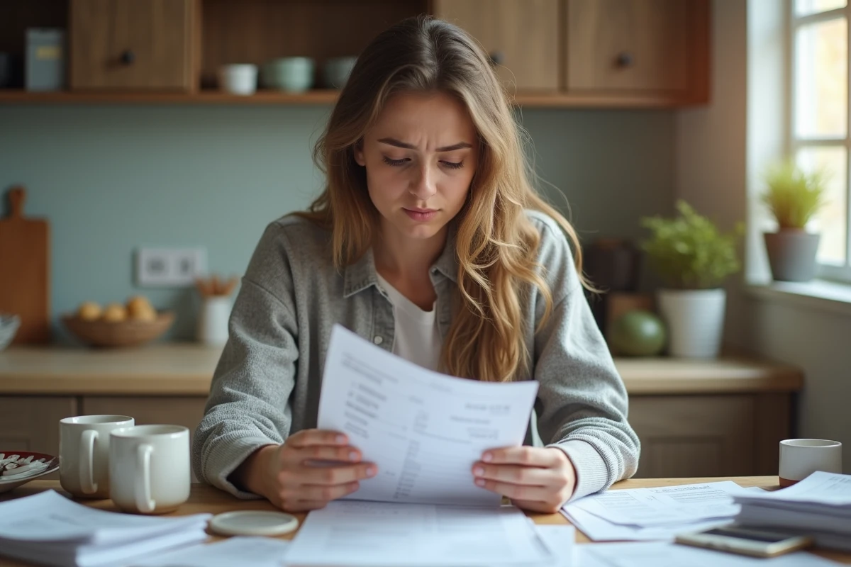 Jeune femme analysant des relevés bancaires à la maison