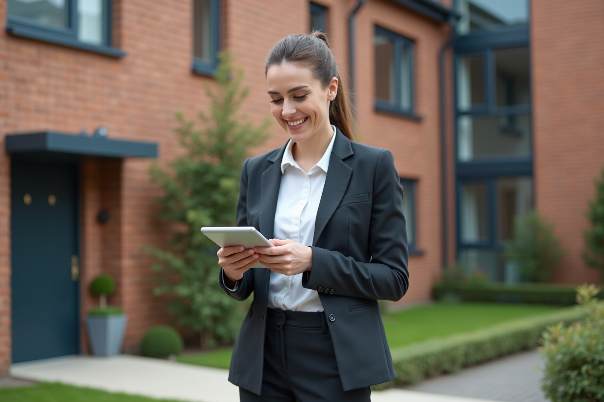 Jeune femme professionnelle vérifie des informations sur une tablette devant une maison