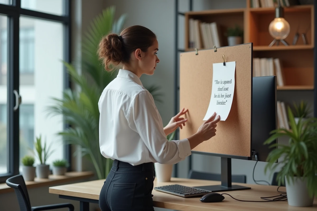 Femme professionnelle inspirée par une citation sur l'esprit d'équipe affichée sur un tableau de liège au bureau