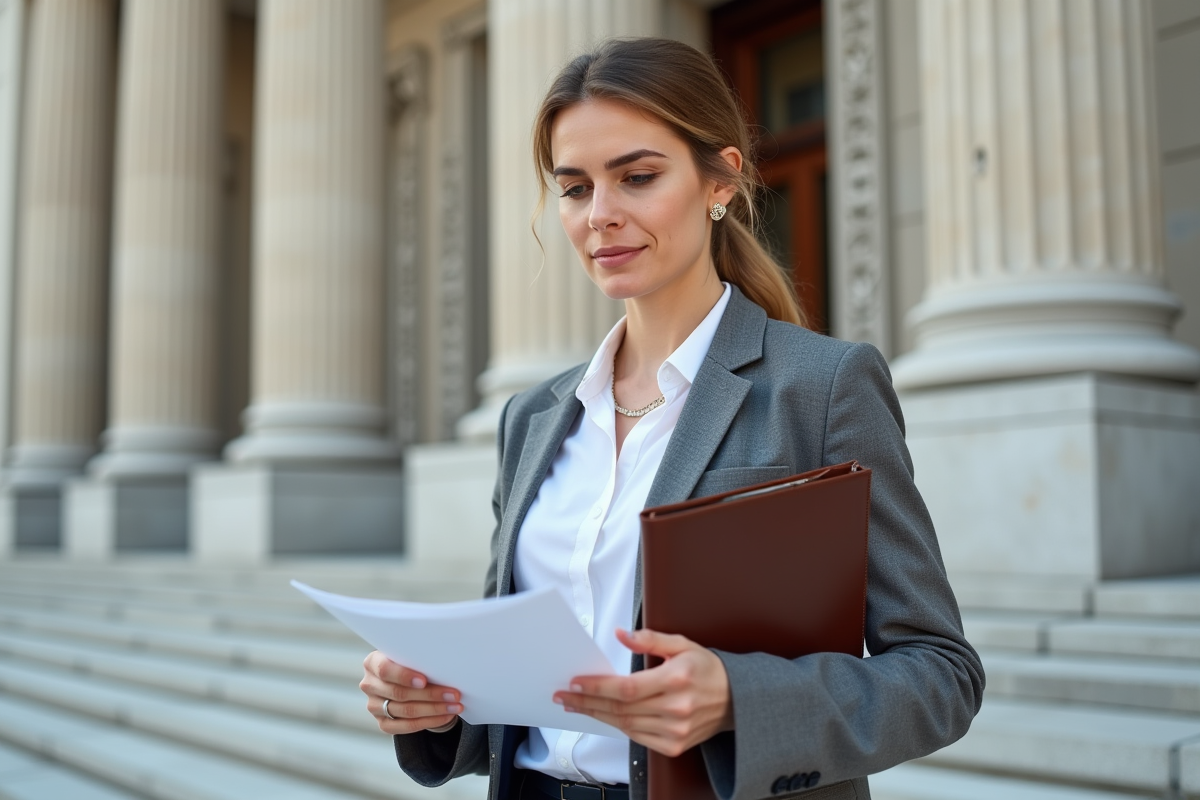 Femme professionnelle lisant une lettre devant un bâtiment officiel