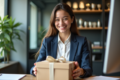 Femme souriante ouvrant un coffret cadeau dans un bureau moderne