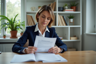 Femme française en blazer bleu examine un document officiel