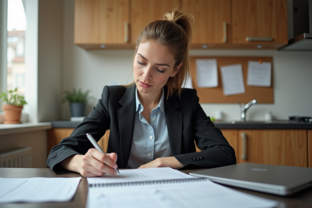 Femme en réunion de planification avec calendrier et documents