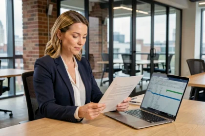 Une professionnelle en portage salarial travaillant dans un bureau moderne à Londres, révisant un contrat