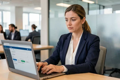 Femme professionnelle consultant un portail RH en ligne depuis son bureau en open-space pour une démarche administrative BNPP