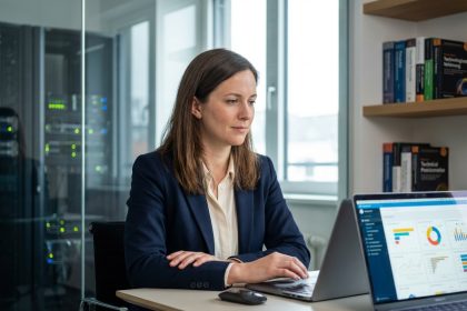 Femme professionnelle examine un tableau analytique sur son ordinateur