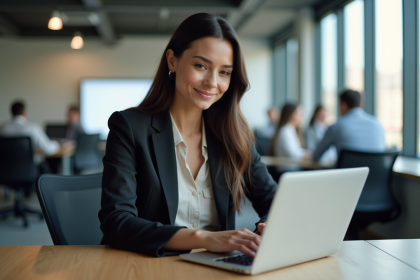 Femme d affaires concentrée travaillant sur son ordinateur dans un bureau moderne