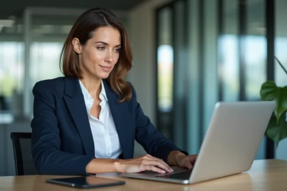 Femme professionnelle en bureau moderne et concentrée
