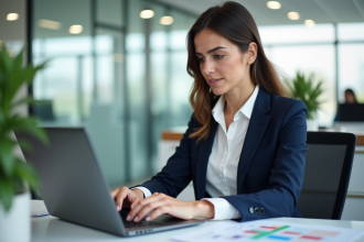Femme professionnelle en blazer bleu examinant un plan prospectif