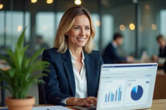 Femme professionnelle en blazer marine consultant un tableau de bord de plateforme B2B sur ordinateur portable dans un bureau moderne