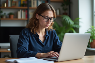 Jeune femme professionnelle consulte documents de privacy