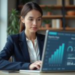 Femme en bureau moderne consulte un tableau de bord digital