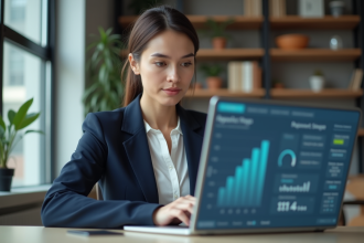 Femme en bureau moderne consulte un tableau de bord digital