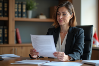 Femme québecoise professionnelle au bureau lisant un document