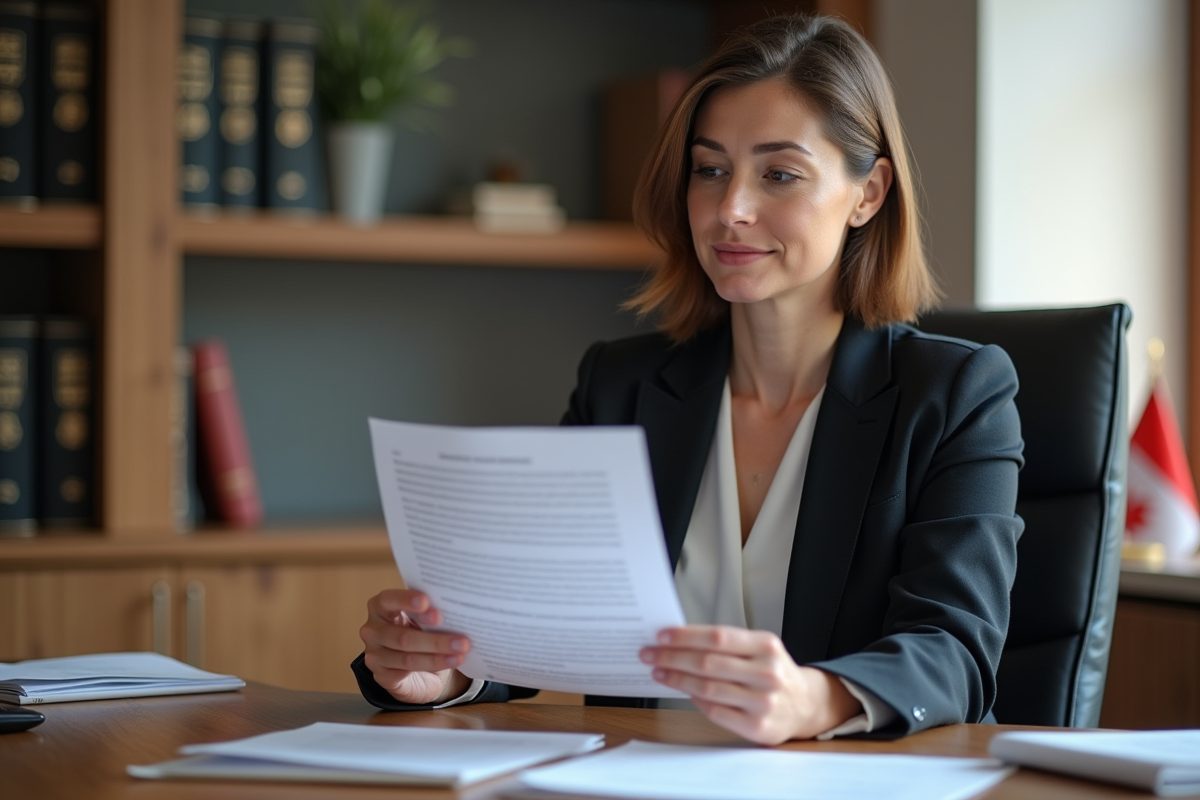 Femme québecoise professionnelle au bureau lisant un document