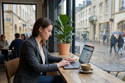 Jeune femme en smartcasual recherche emploi sur son laptop à Metz