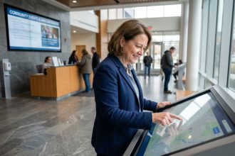 Femme d'âge moyen souriante utilisant un kiosque numérique dans un hall moderne
