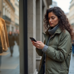 Femme stylée utilisant une appli shopping en ville