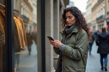 Femme stylée utilisant une appli shopping en ville
