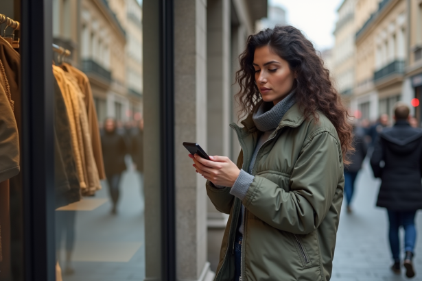 Femme stylée utilisant une appli shopping en ville