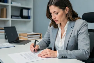 Femme professionnelle relisant attentivement un devis avant de le signer dans un bureau moderne