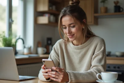 Femme assise à une table de cuisine avec smartphone