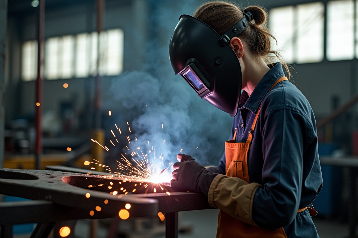 Femme soudeuse professionnelle en atelier avec étincelles