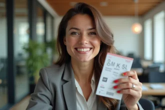 Femme souriante tenant des billets d'événement dans un bureau lumineux