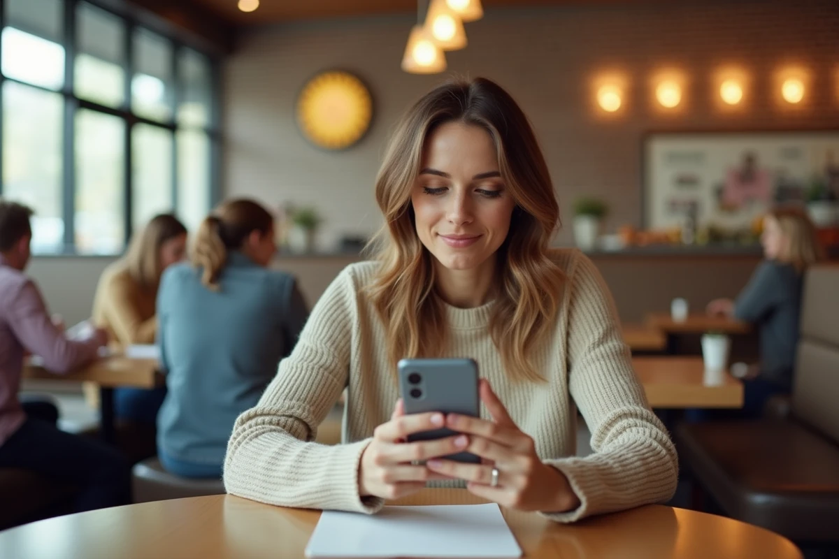 Femme en restaurant complétant un sondage en ligne