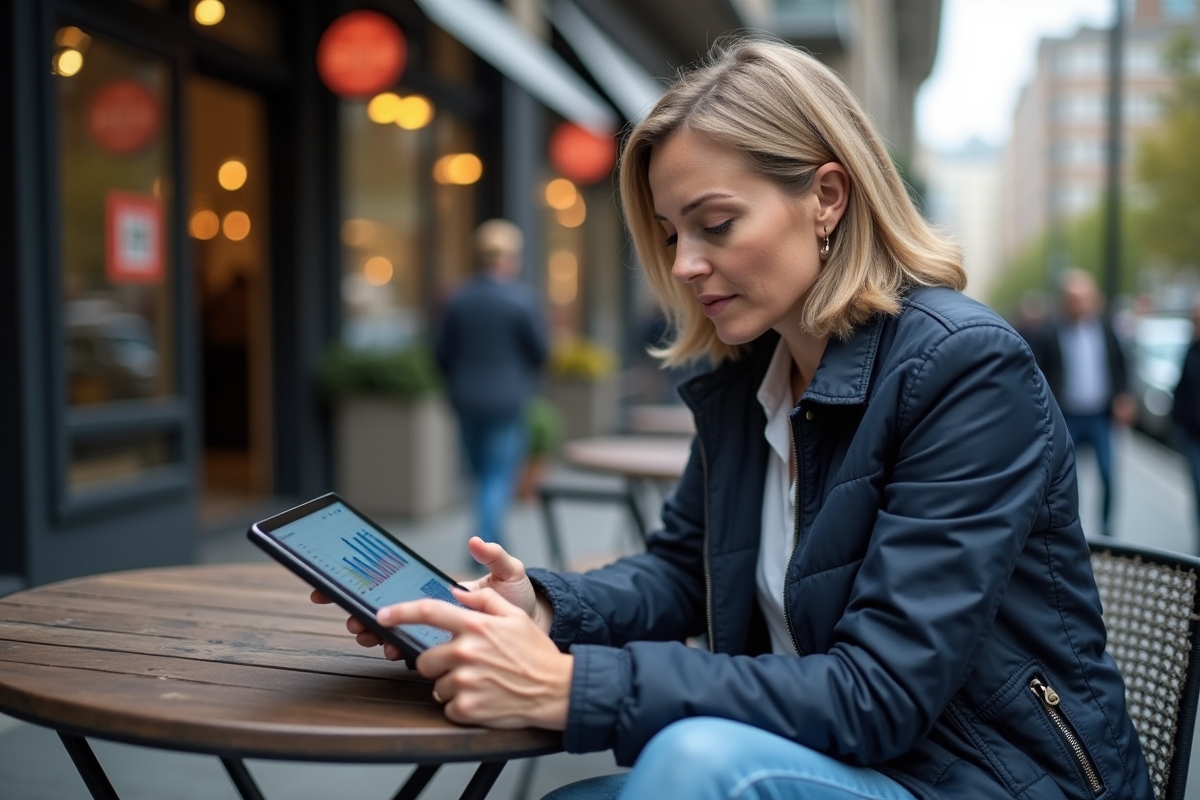 Femme réfléchie avec tablette dans un café en ville