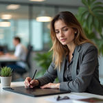 Femme en bureau moderne utilisant une tablette digitale