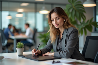 Femme en bureau moderne utilisant une tablette digitale