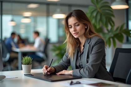 Femme en bureau moderne utilisant une tablette digitale
